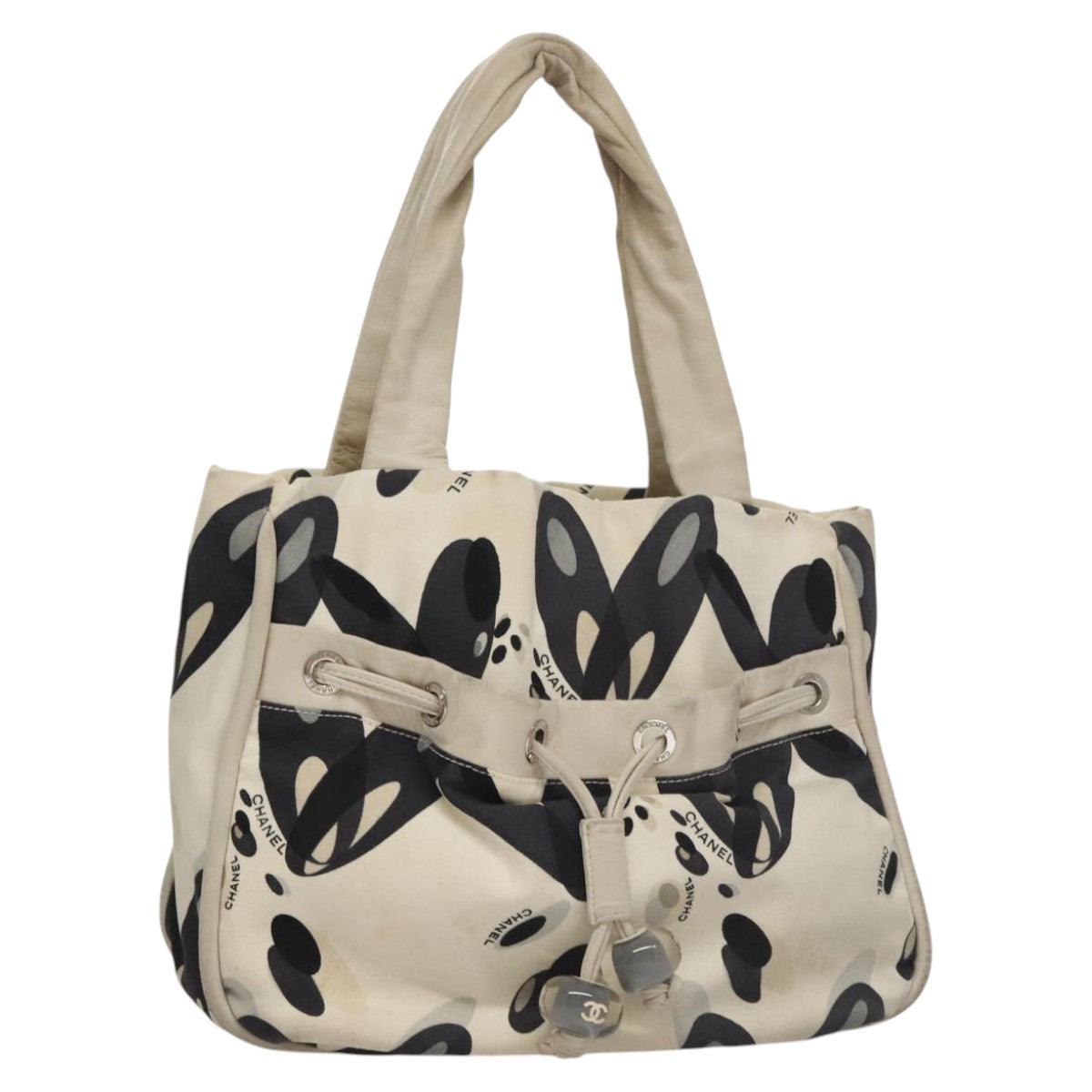 CHANEL Tote Bag Canvas White Black Silver CC Auth bs22011