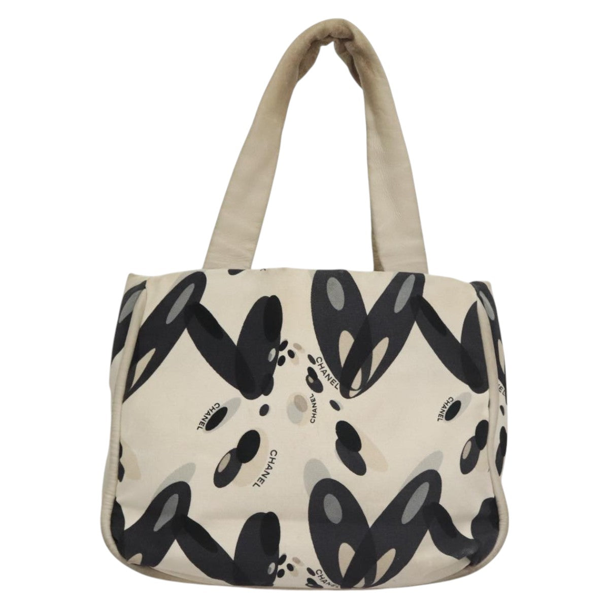 CHANEL Tote Bag Canvas White Black Silver CC Auth bs22011