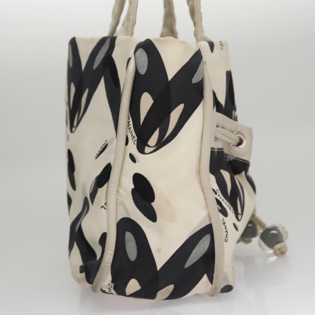 CHANEL Tote Bag Canvas White Black Silver CC Auth bs22011