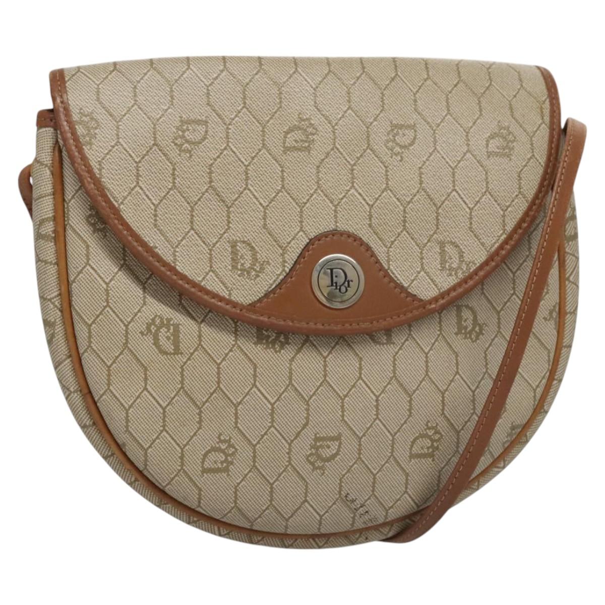 Christian Dior Honeycomb Canvas Shoulder Bag PVC Beige Gold Auth bs22027