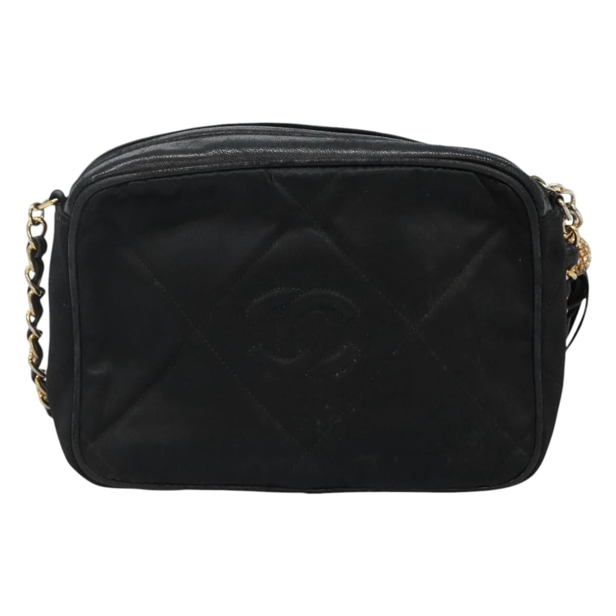 CHANEL Matelasse Chain Shoulder Bag Satin Black Gold CC Auth bs22051