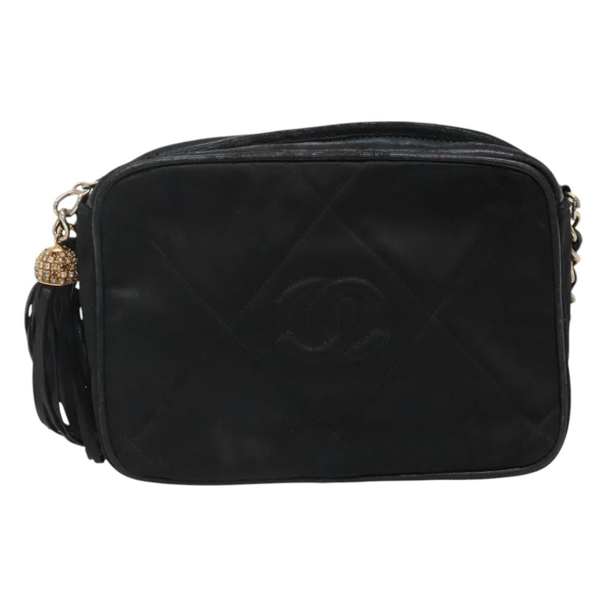 CHANEL Matelasse Chain Shoulder Bag Satin Black Gold CC Auth bs22051