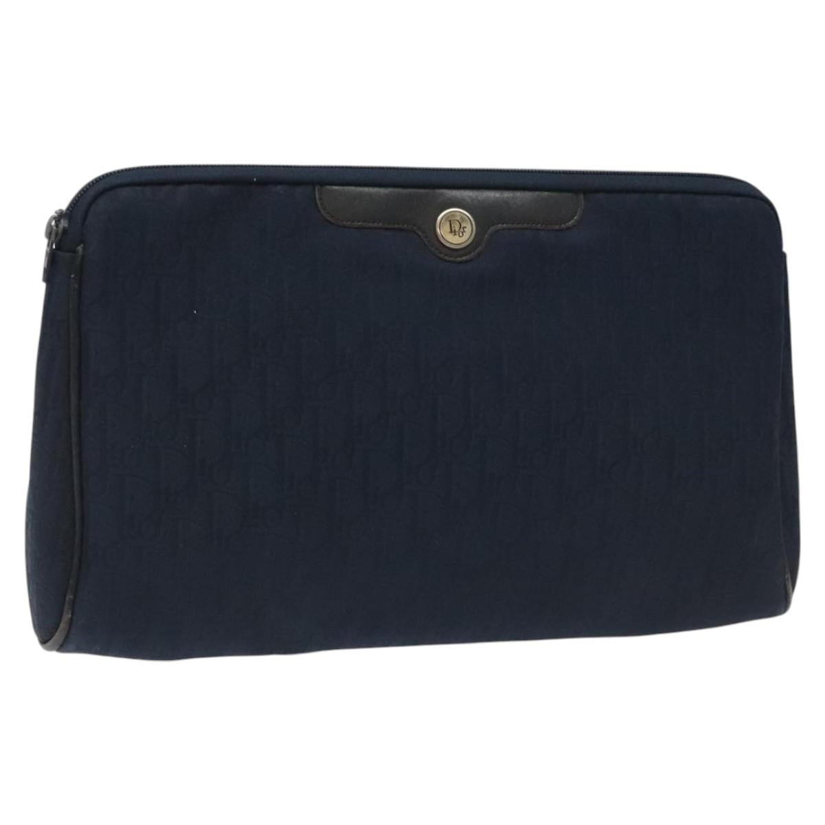 Christian Dior Trotter Canvas Clutch Bag Navy Gold Auth bs22117