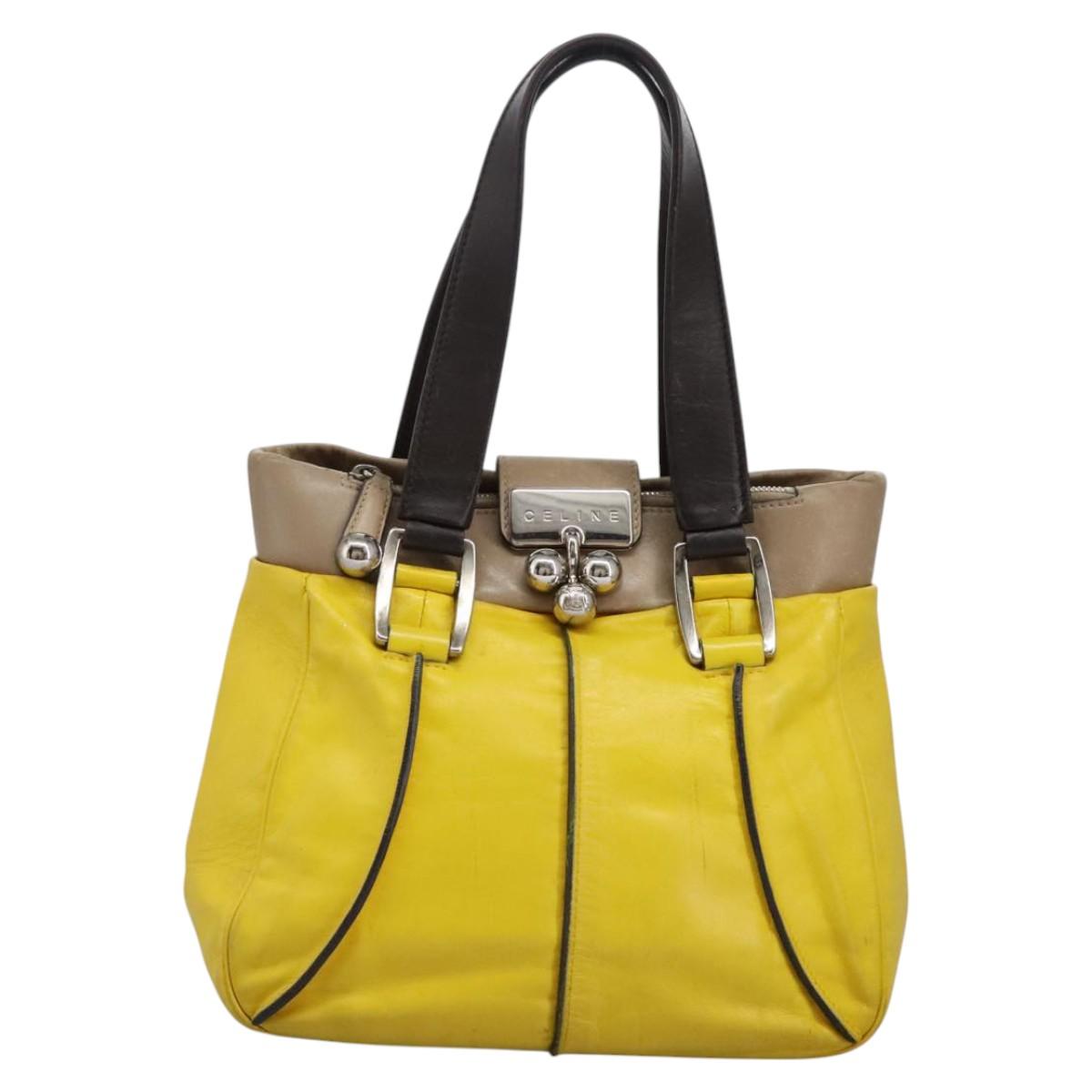 CELINE Hand Bag Leather Yellow Brown Silver Auth bs22250