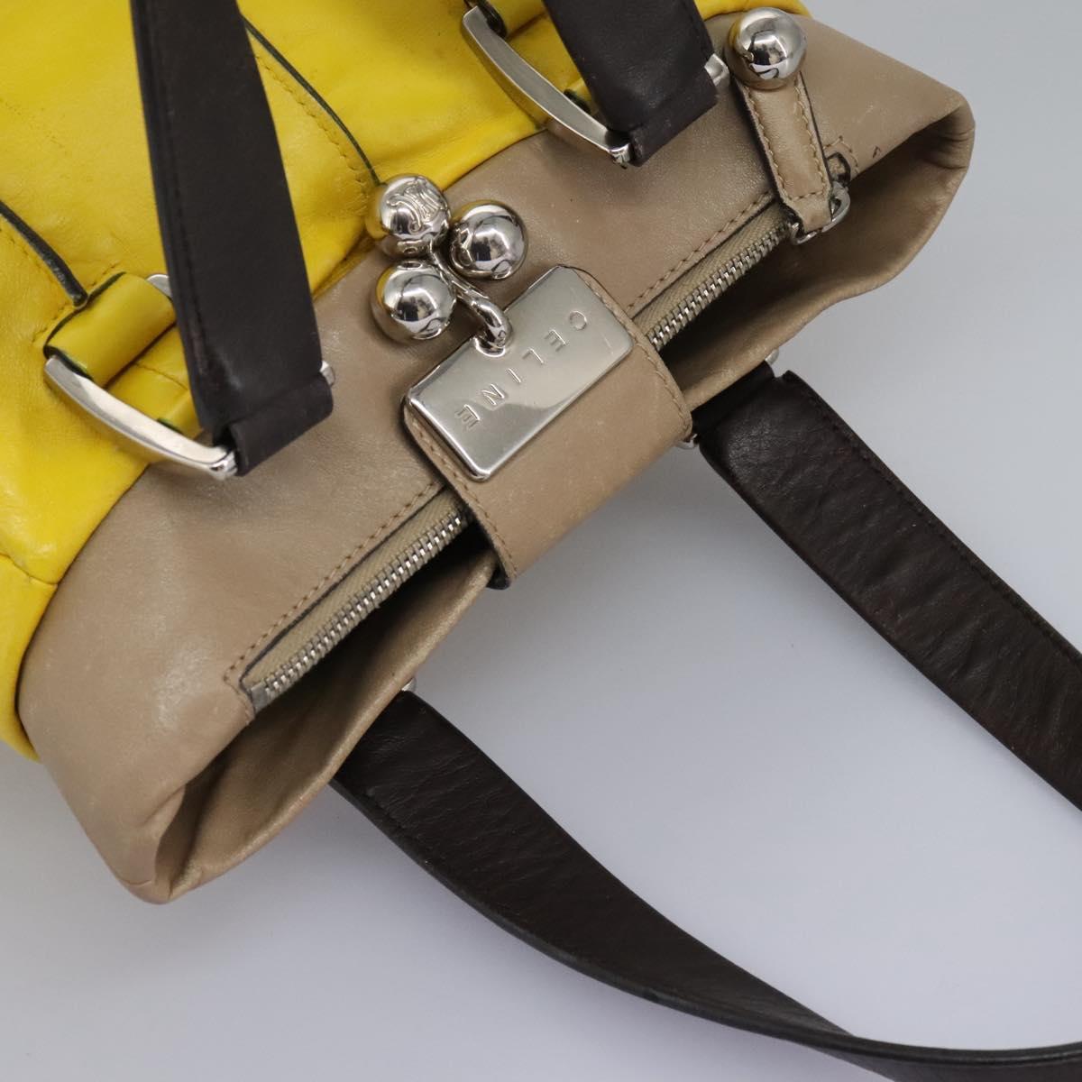 CELINE Hand Bag Leather Yellow Brown Silver Auth bs22250