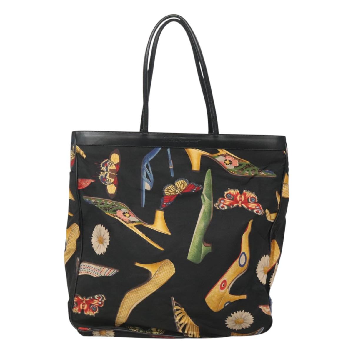 Salvatore Ferragamo Tote Bag Canvas Leather Black Gold Auth bs22290