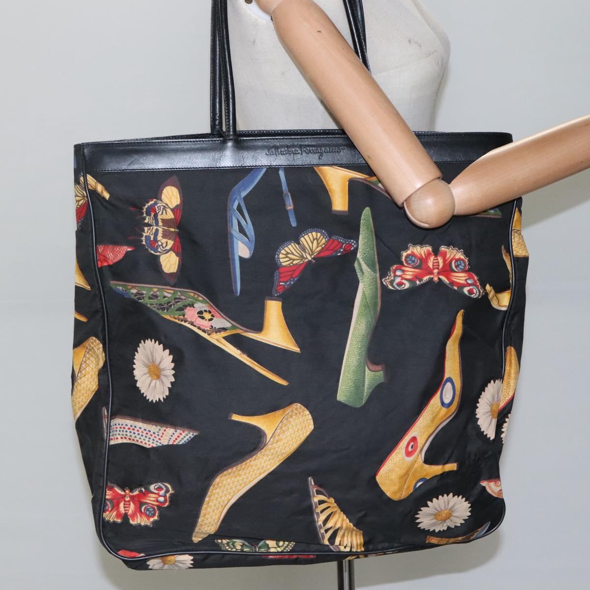 Salvatore Ferragamo Tote Bag Canvas Leather Black Gold Auth bs22290