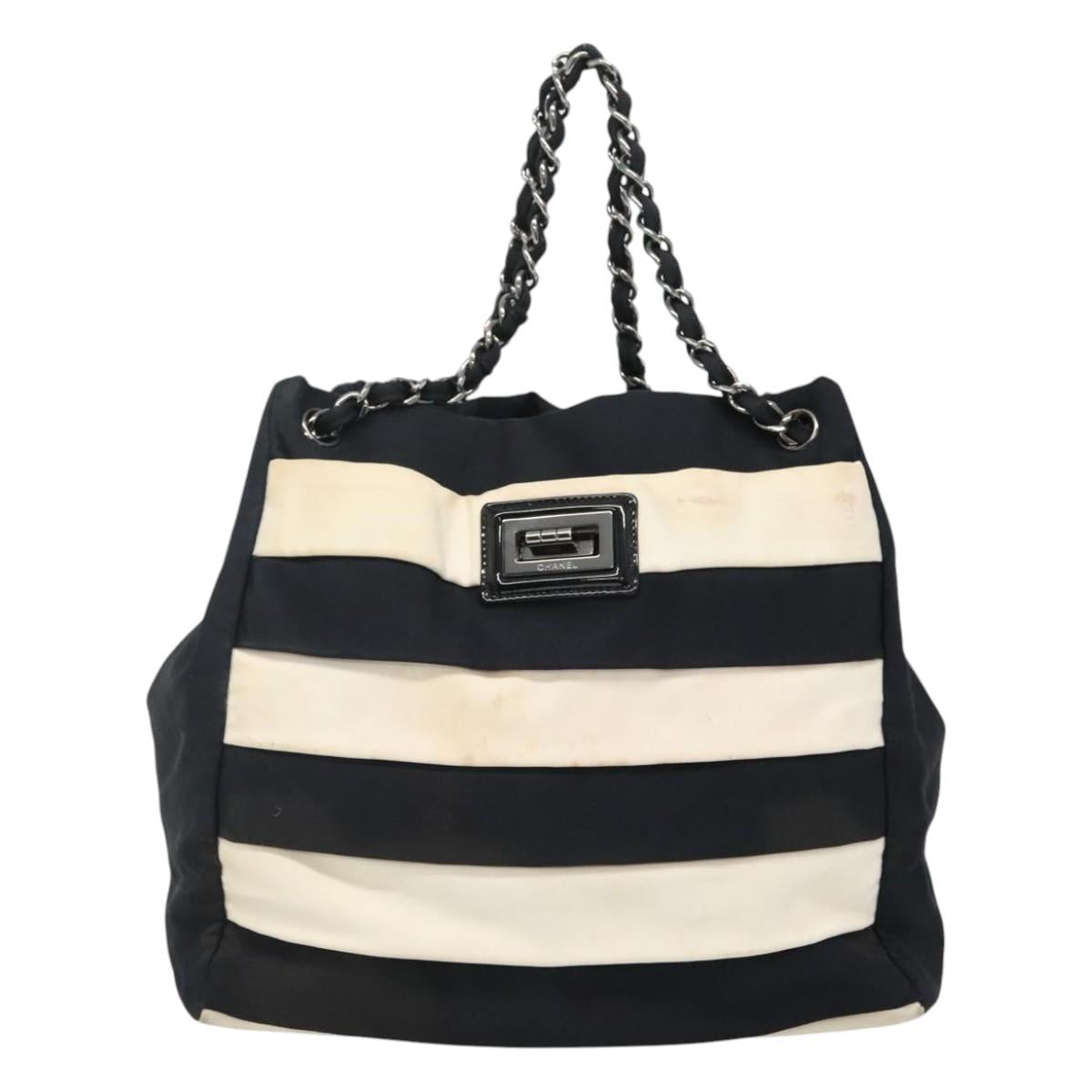 CHANEL Chain Tote Bag Canvas Navy White CC Auth bs22293