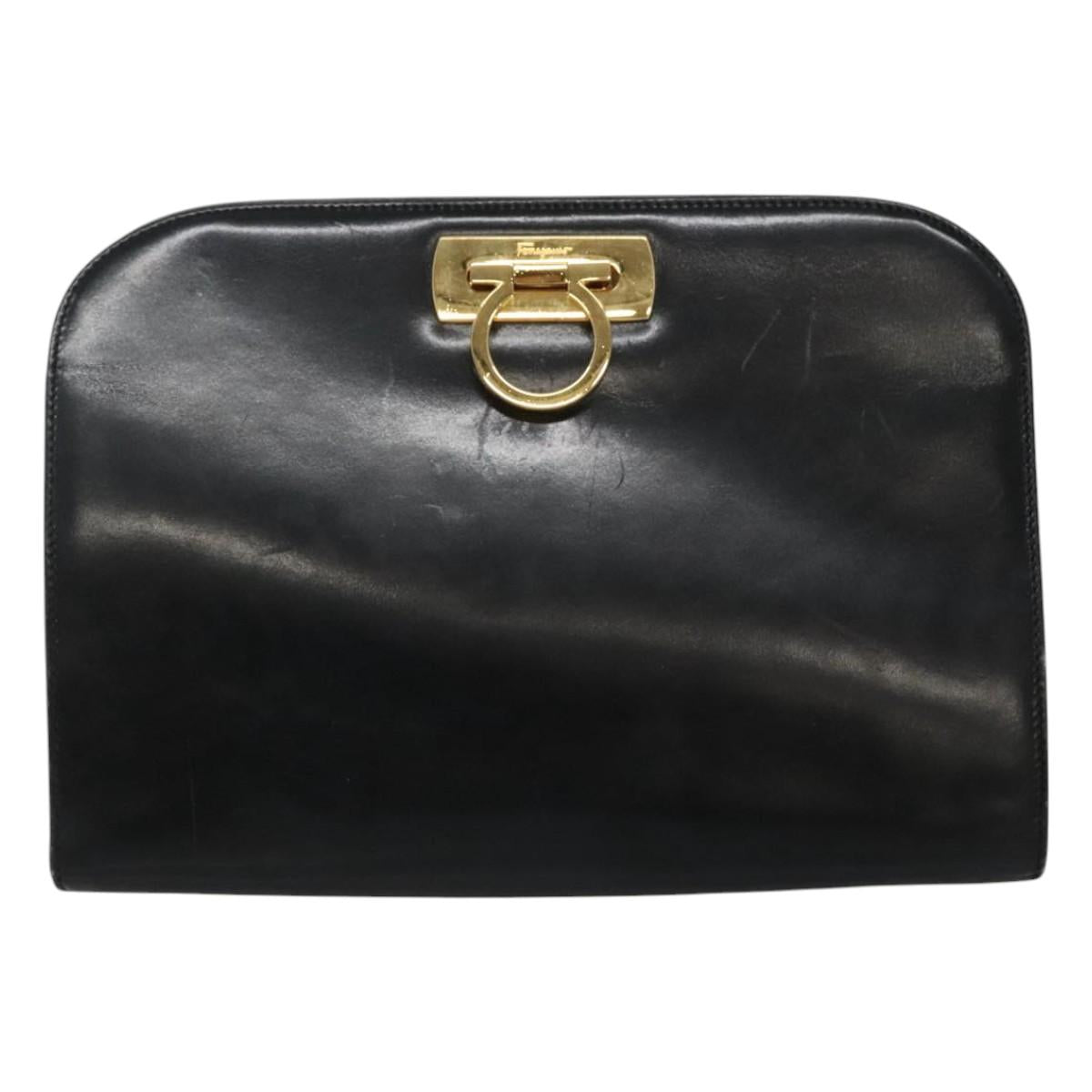 Salvatore Ferragamo Gancini Chain Shoulder Bag Leather Black Gold Auth bs22402