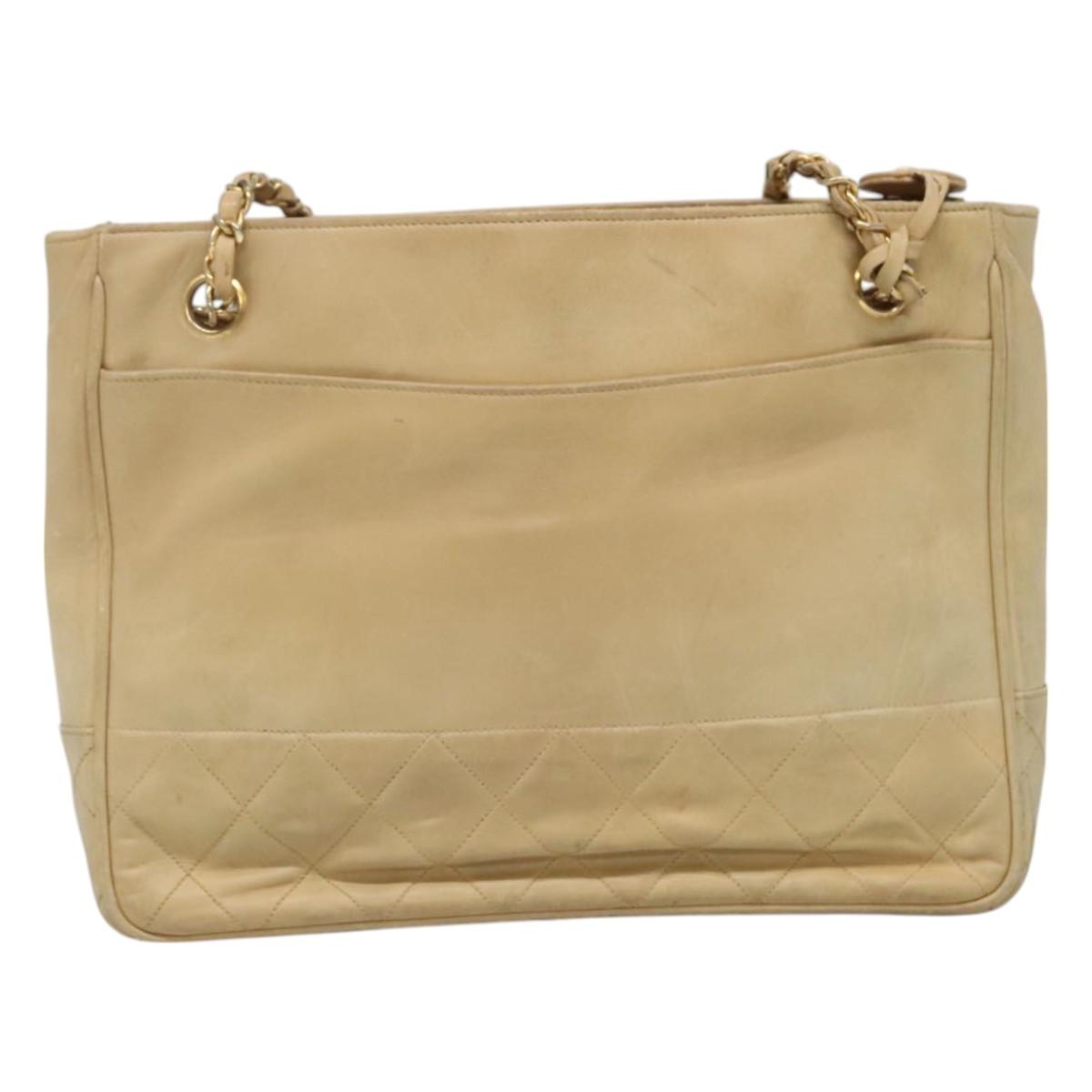 CHANEL Matelasse Chain Shoulder Bag Lamb Skin Beige CC Auth bs22414
