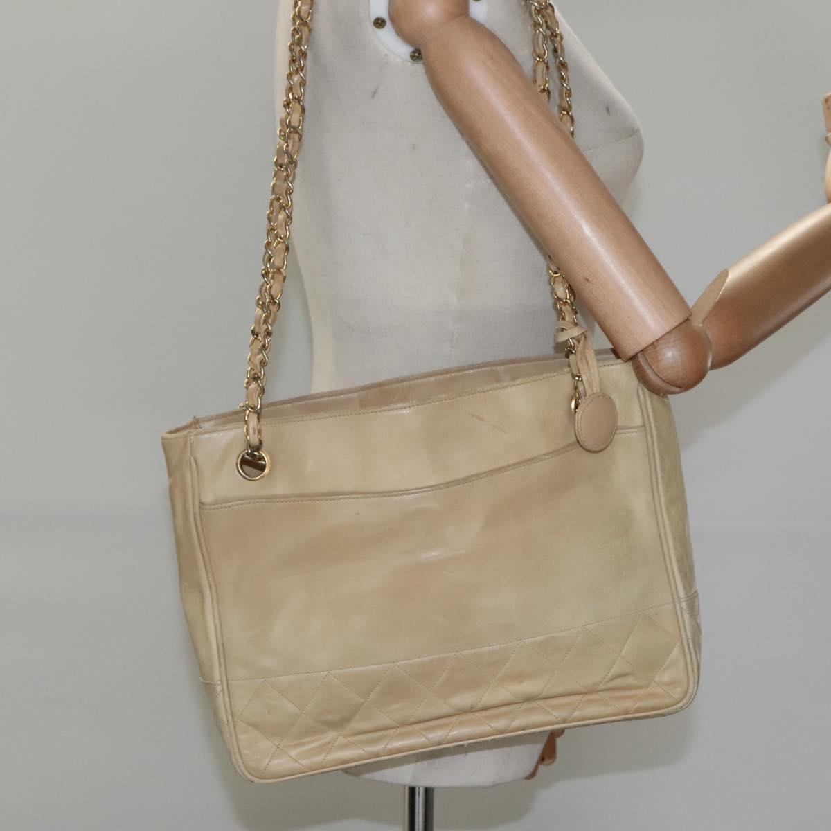 CHANEL Matelasse Chain Shoulder Bag Lamb Skin Beige CC Auth bs22414