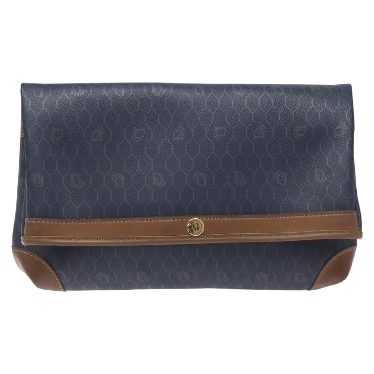 Christian Dior Honeycomb Canvas Clutch Bag PVC Leather Navy Auth bs22450