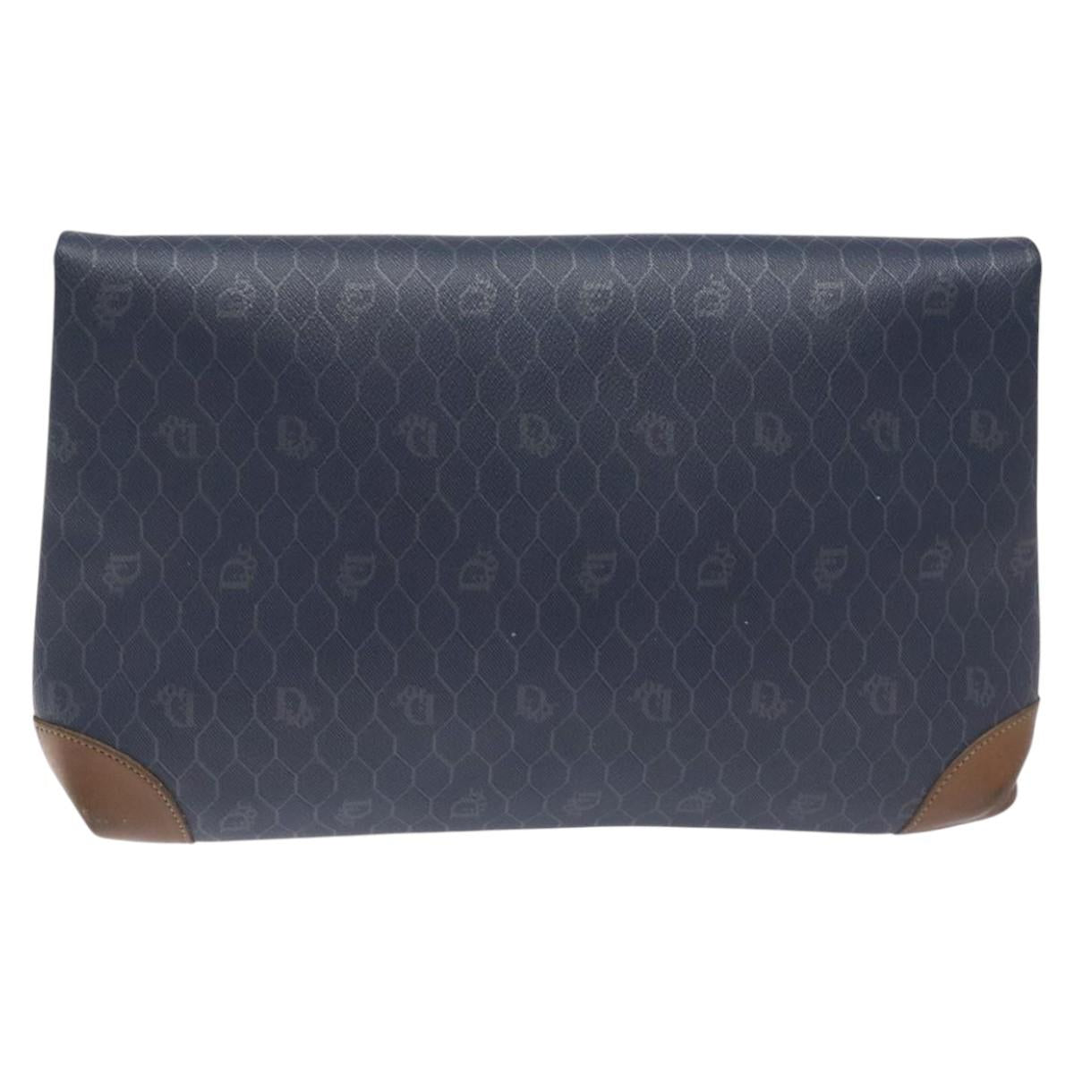 Christian Dior Honeycomb Canvas Clutch Bag PVC Leather Navy Auth bs22450