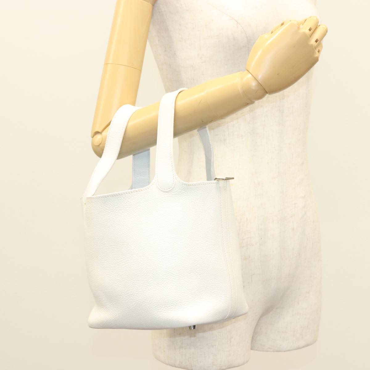 HERMES Picotan PM Hand Bag Leather White Silver Auth bs22497