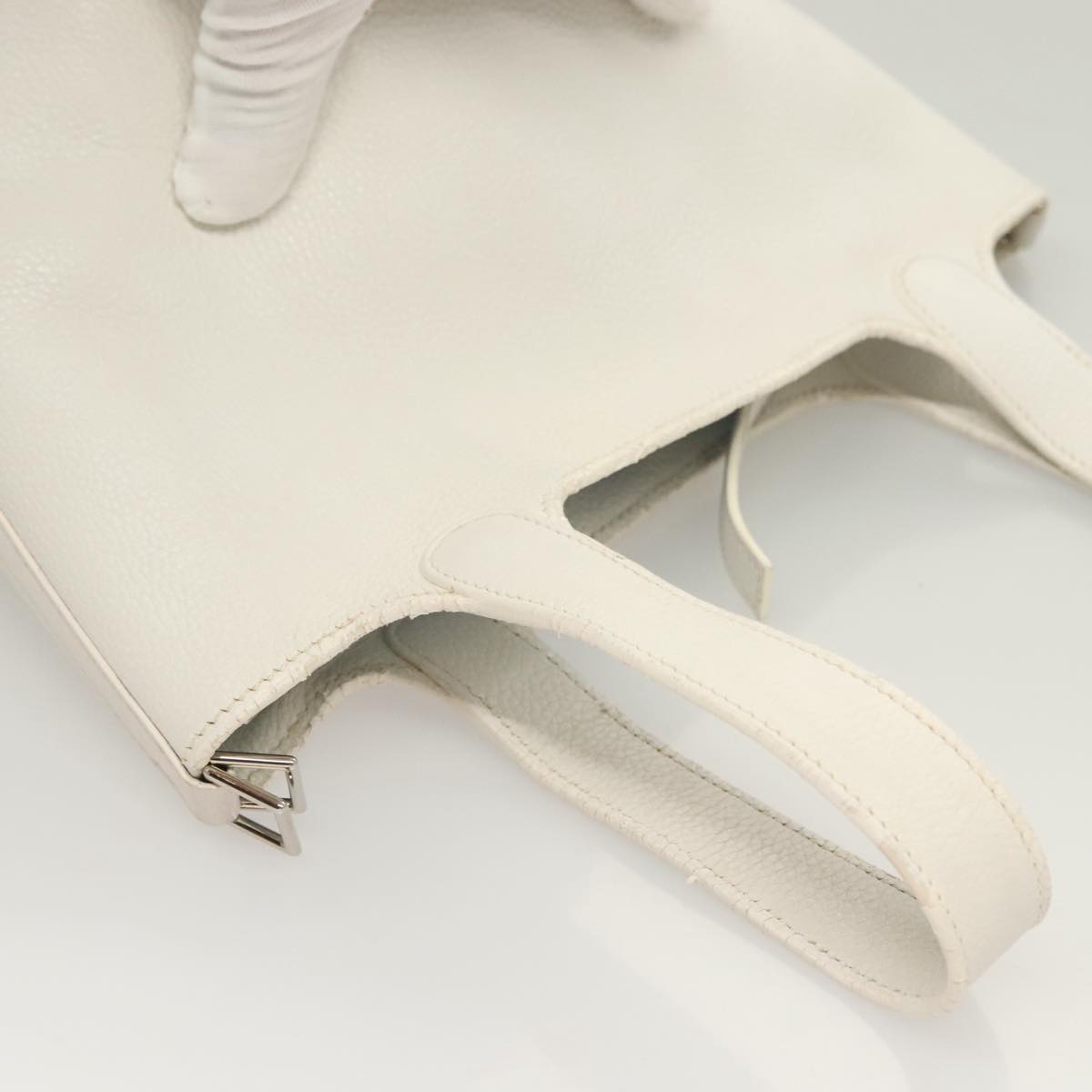 HERMES Picotan PM Hand Bag Leather White Silver Auth bs22497