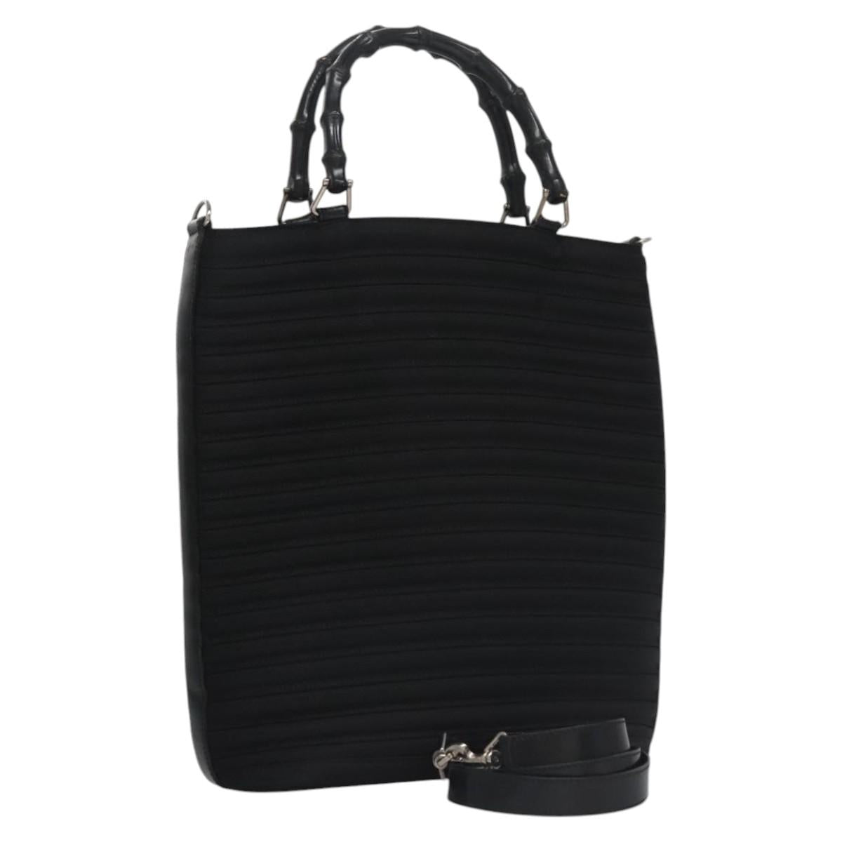 GUCCI Bamboo Hand Bag Canvas Leather 2way Black Silver Auth bs22518