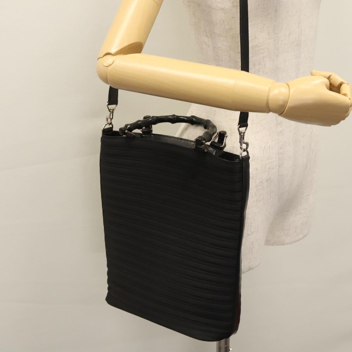 GUCCI Bamboo Hand Bag Canvas Leather 2way Black Silver Auth bs22518