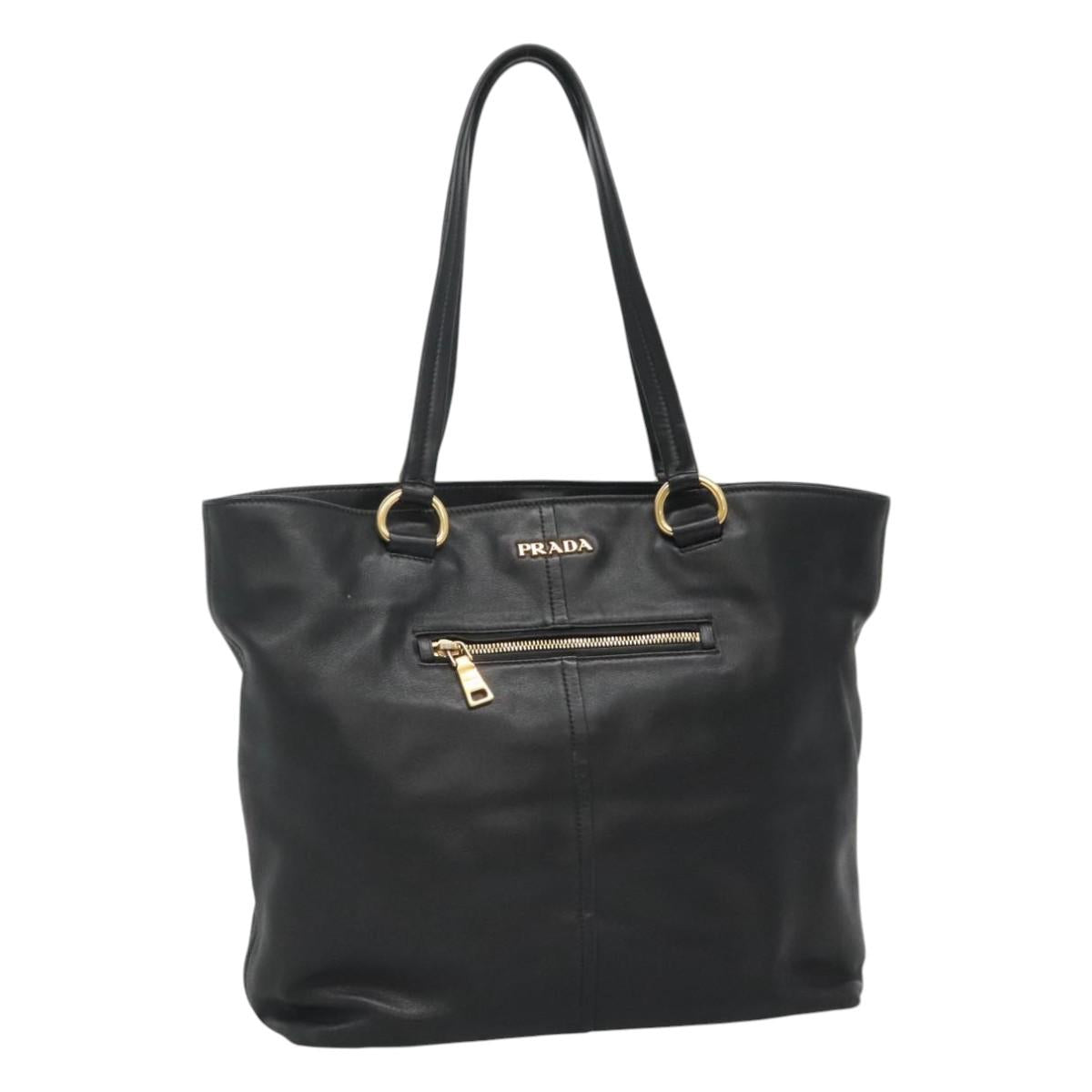 PRADA Tote Bag Leather Black Gold Auth bs22531