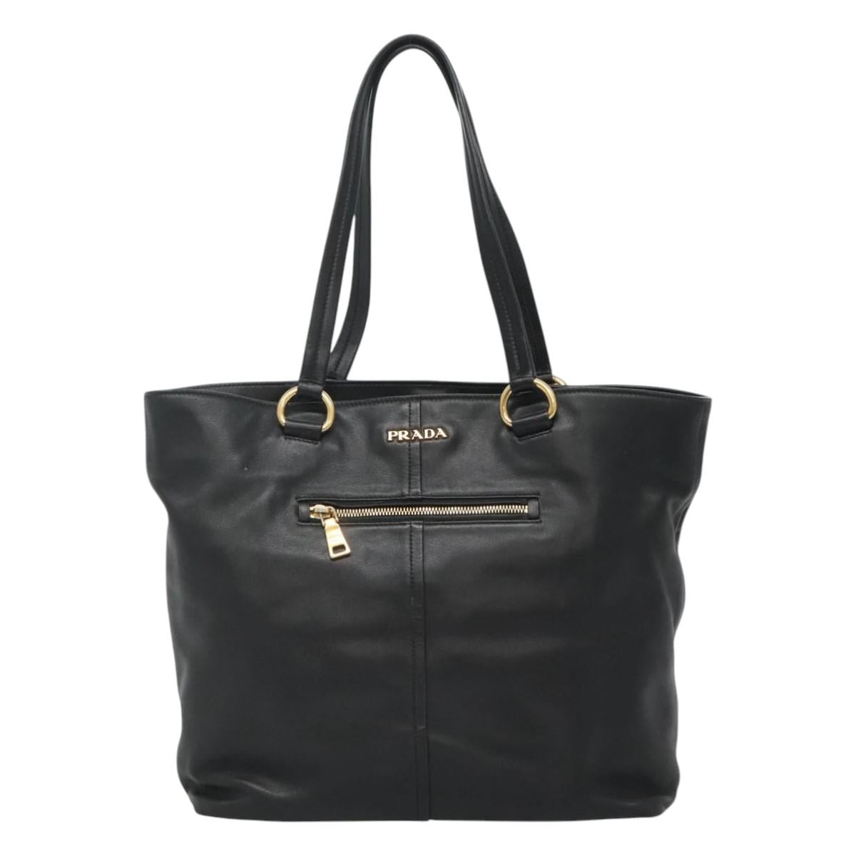 PRADA Tote Bag Leather Black Gold Auth bs22531