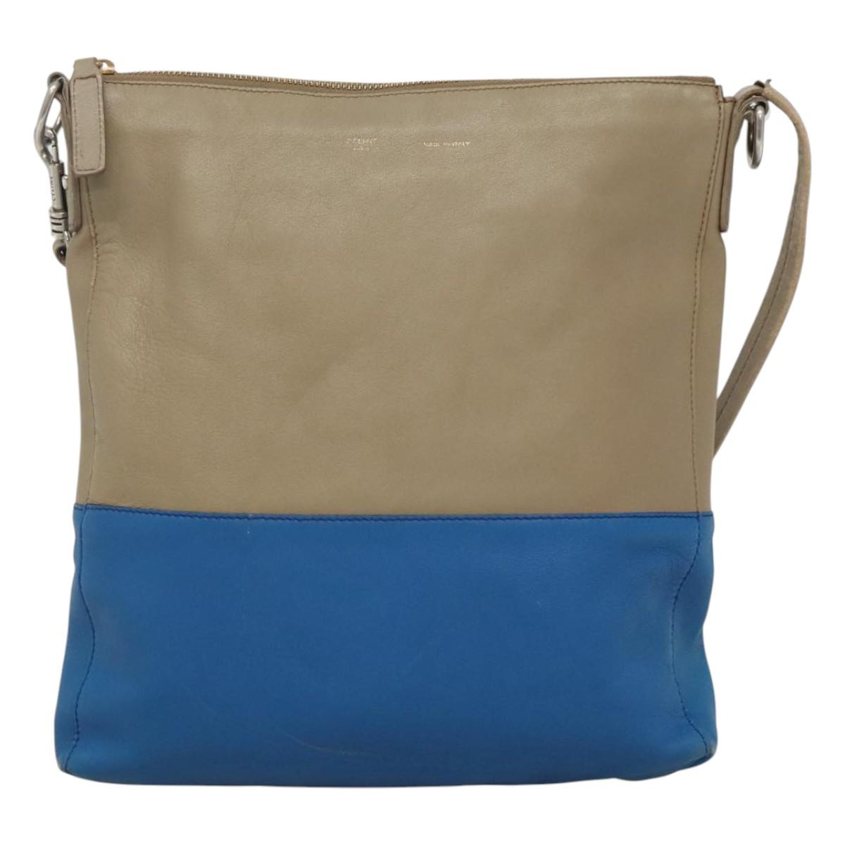 CELINE Shoulder Bag Leather Beige Gold blue Auth bs22533
