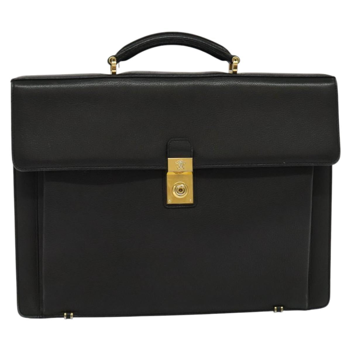 Gianni Versace Business Bag Leather Black Gold Auth bs22567