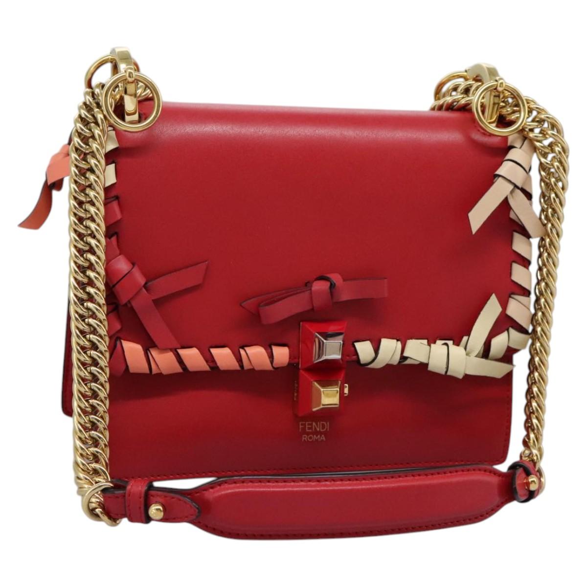 FENDI Mini Canai Chain Shoulder Bag Leather Red Auth bs22672V
