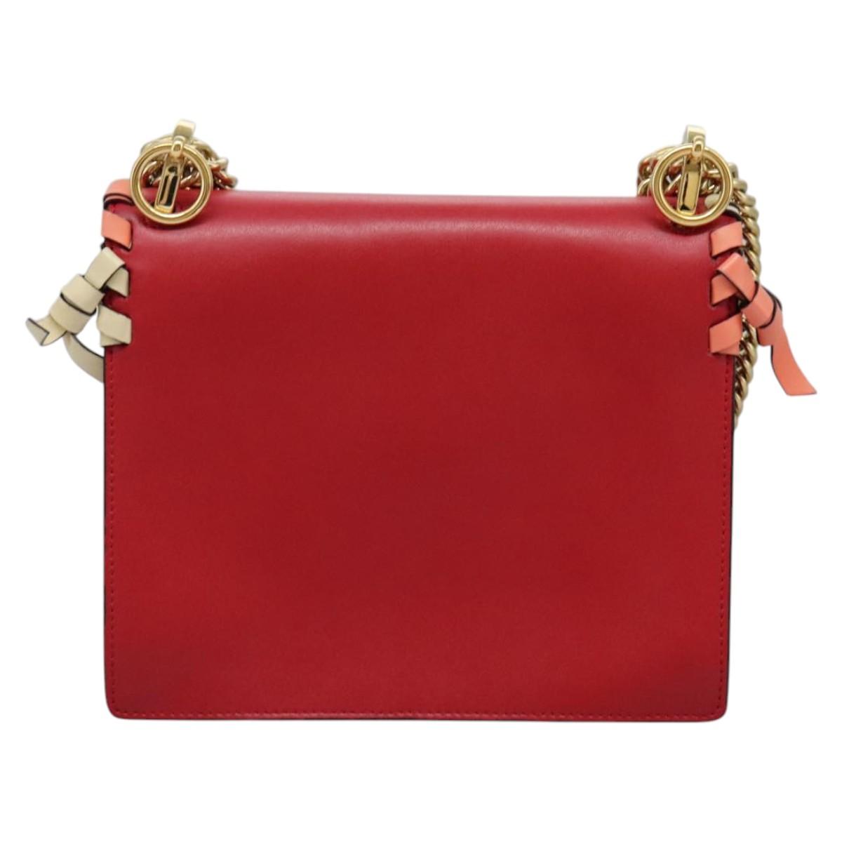FENDI Mini Canai Chain Shoulder Bag Leather Red Auth bs22672V