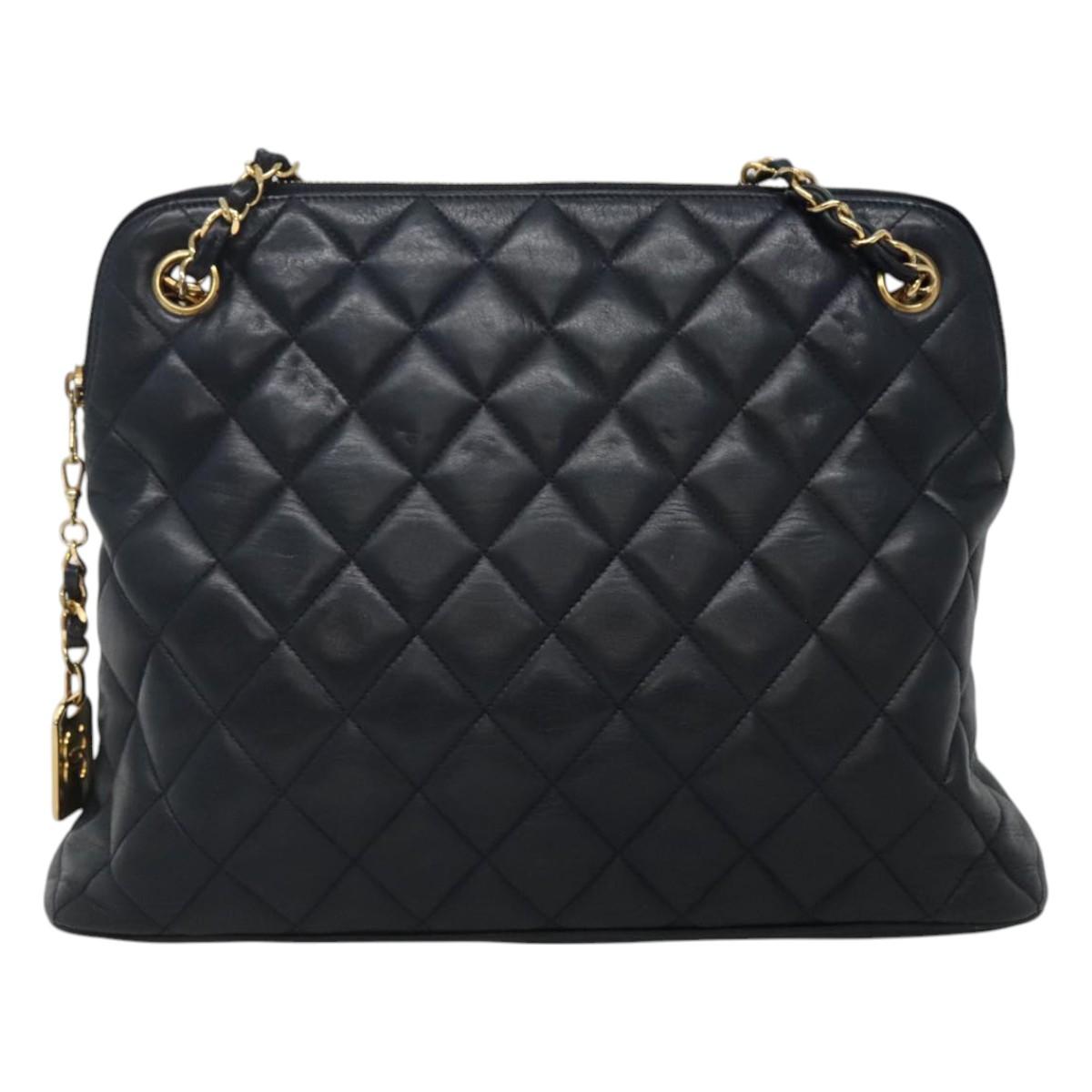 CHANEL Matelasse Chain Shoulder Bag Lamb Skin Navy Gold CC Auth bs22709