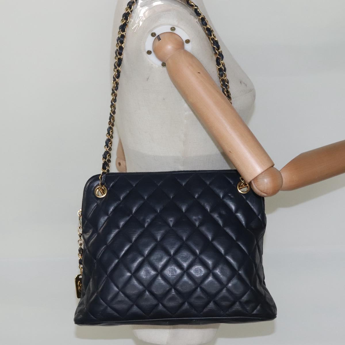 CHANEL Matelasse Chain Shoulder Bag Lamb Skin Navy Gold CC Auth bs22709