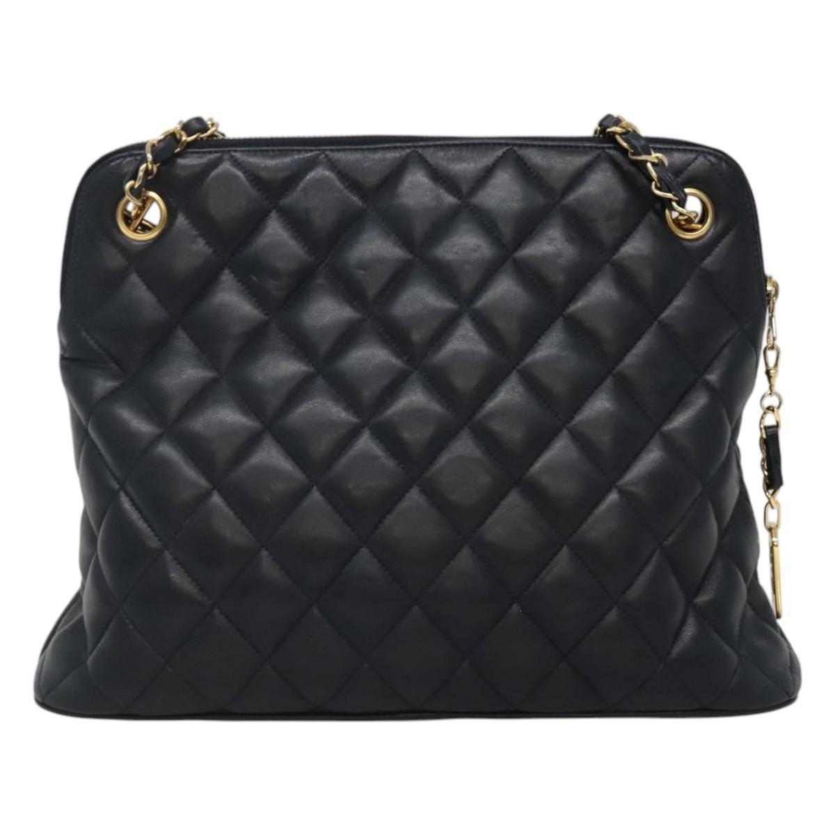 CHANEL Matelasse Chain Shoulder Bag Lamb Skin Navy Gold CC Auth bs22709