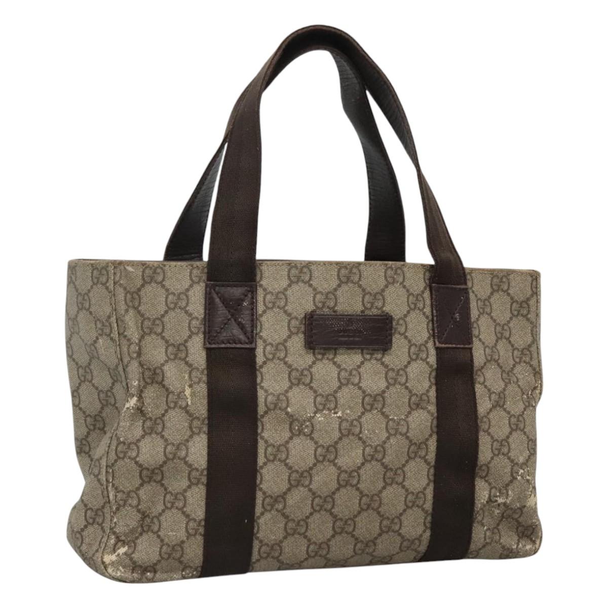 GUCCI GG Supreme Hand Bag PVC Beige Brown Silver 141976 Auth bs22810