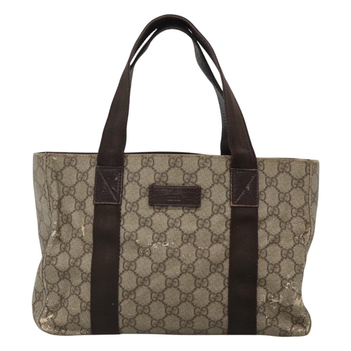 GUCCI GG Supreme Hand Bag PVC Beige Brown Silver 141976 Auth bs22810