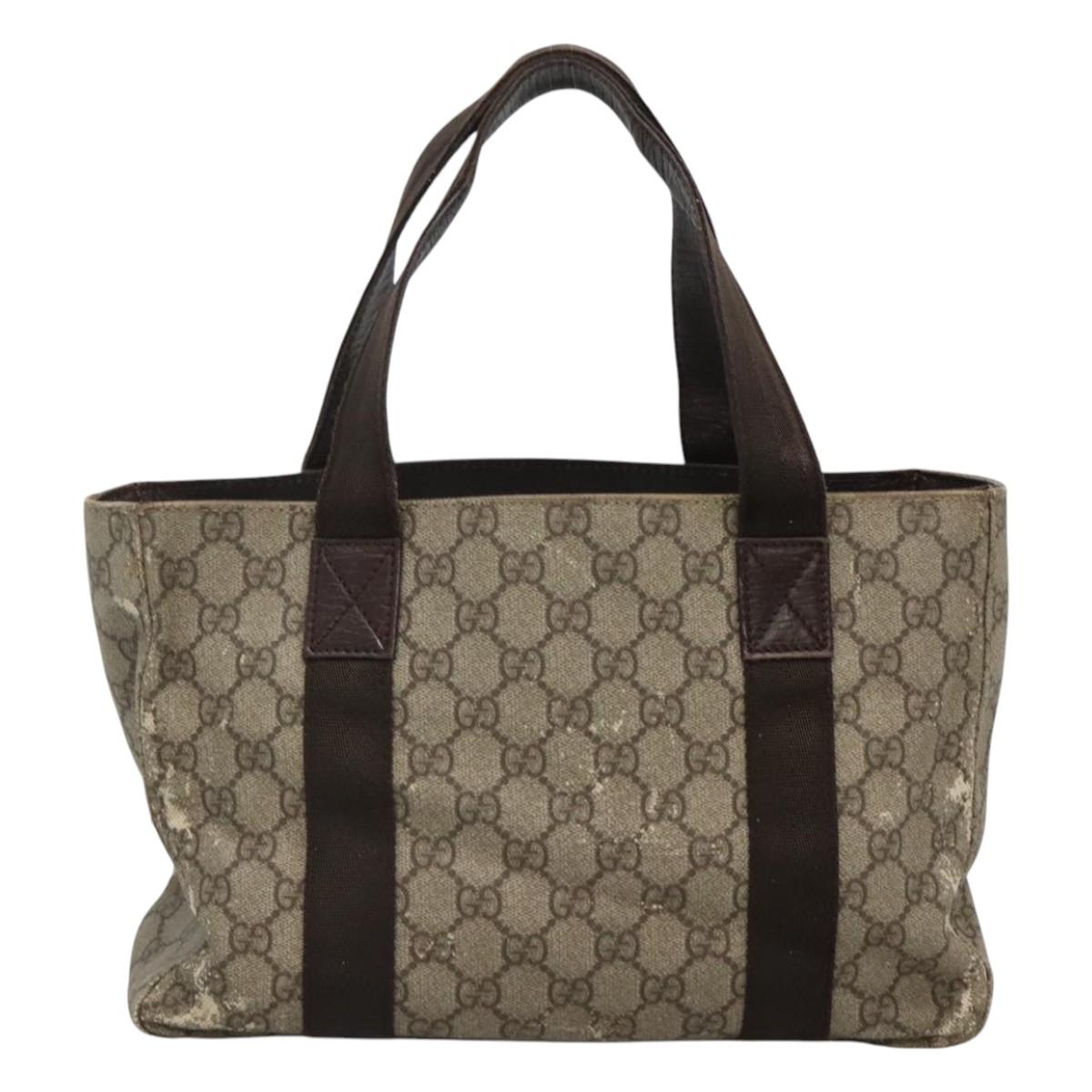 GUCCI GG Supreme Hand Bag PVC Beige Brown Silver 141976 Auth bs22810