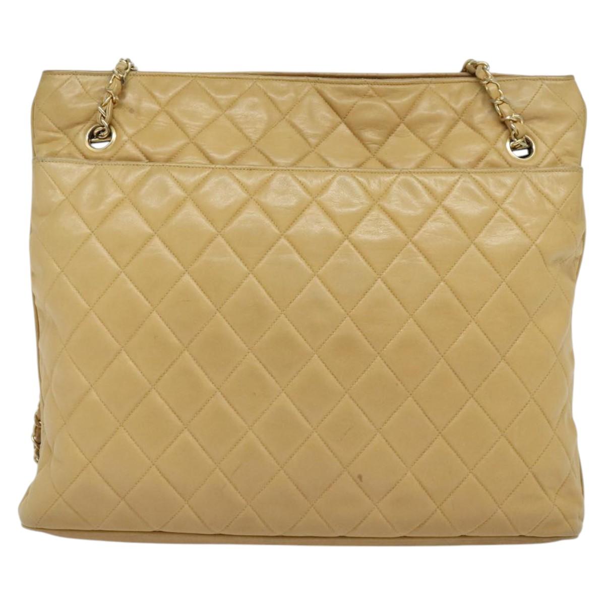 CHANEL Matelasse Chain Shoulder Bag Lamb Skin Beige Gold CC Auth bs22830