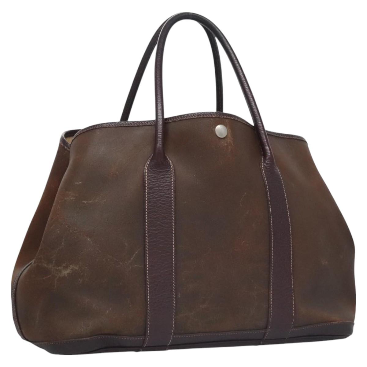 HERMES Garden Party MM Amazonia Hand Bag Leather Brown Silver Auth bs22845