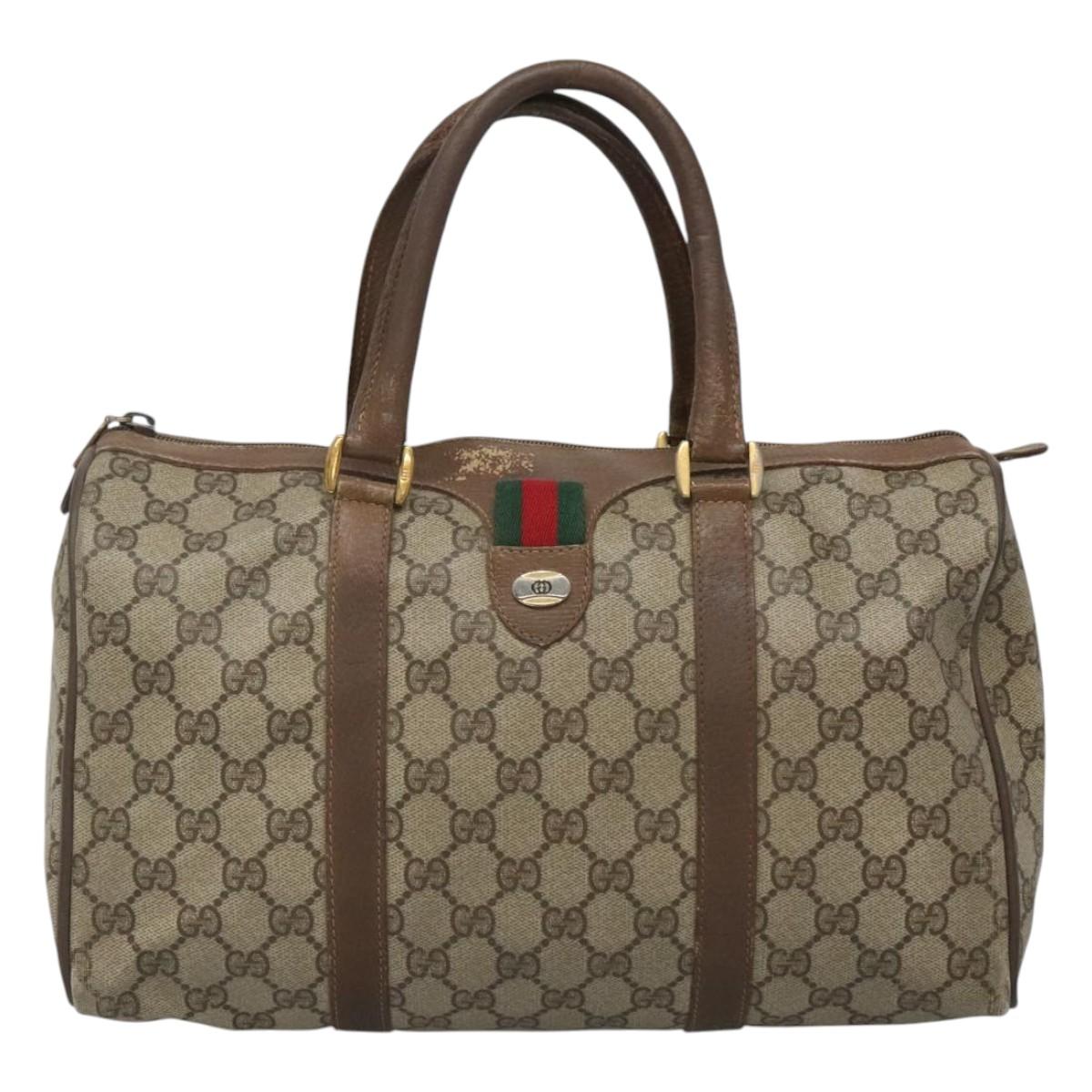 GUCCI GG Supreme Web Sherry Line Boston Bag PVC Beige Green Red Auth bs22874