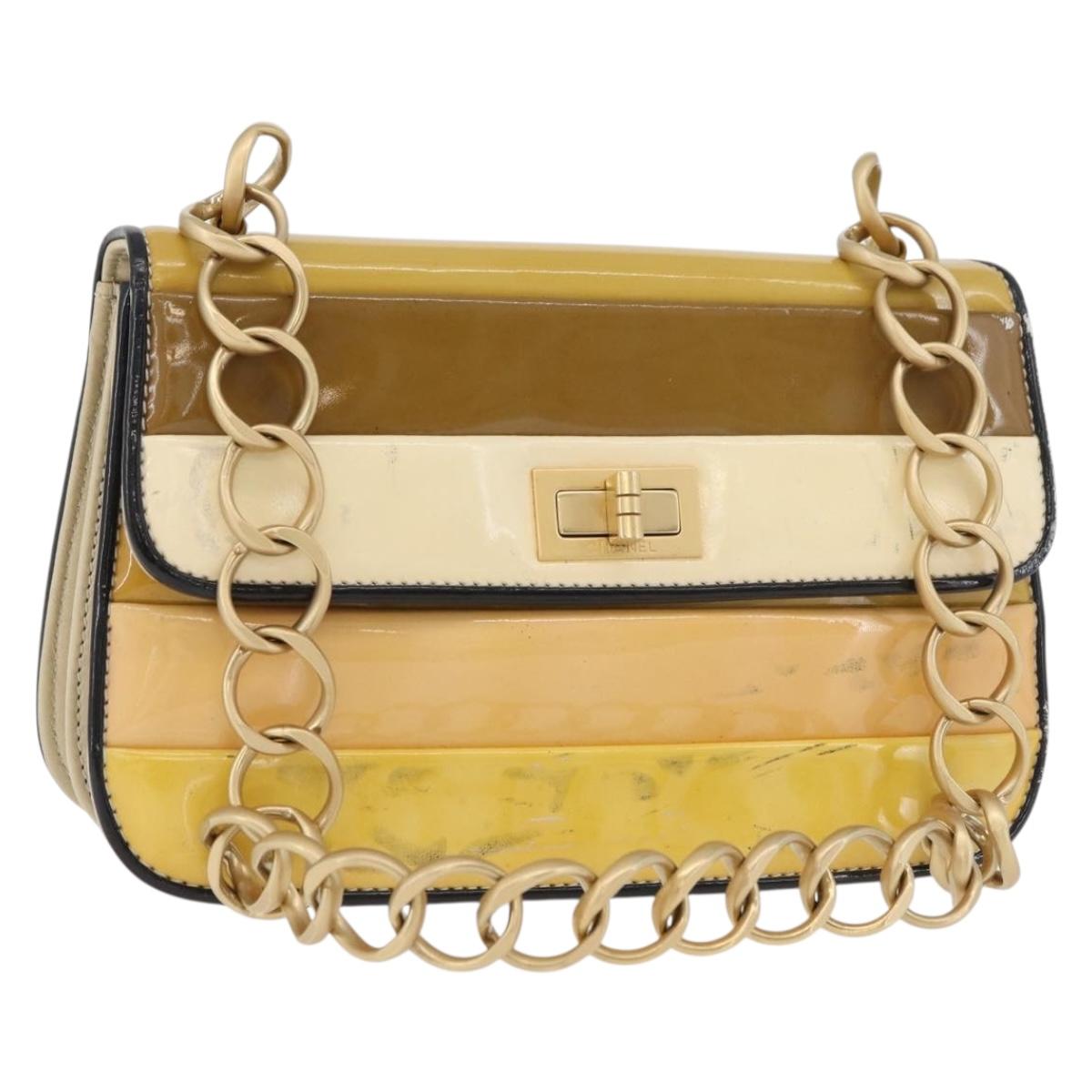 CHANEL Chain Shoulder Bag Patent leather Yellow Gold CC Auth bs22911