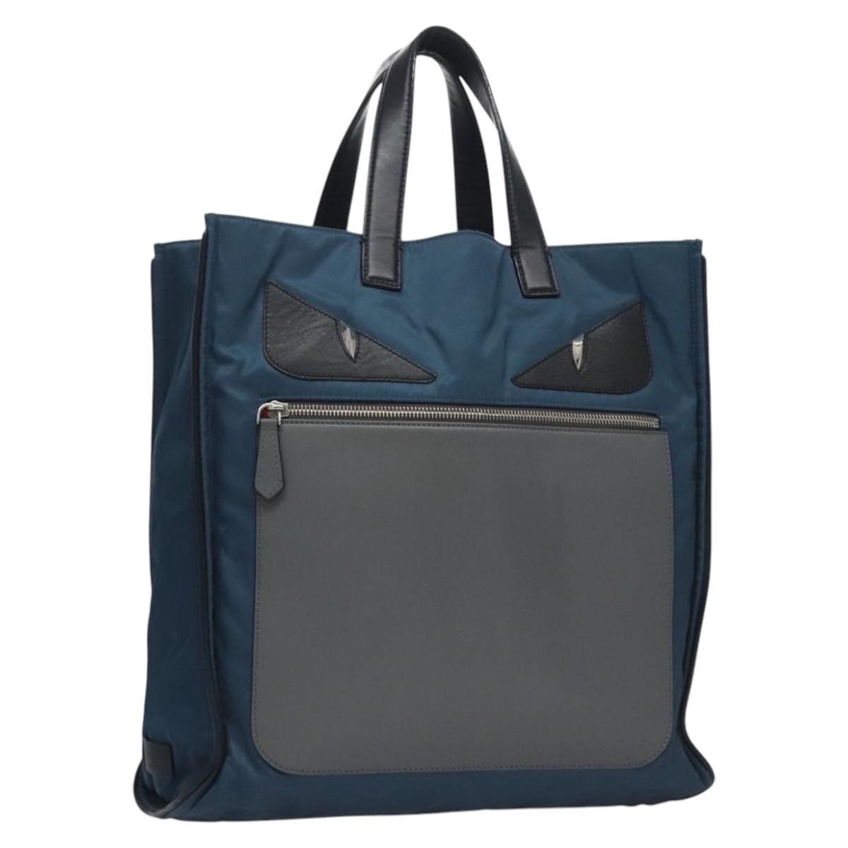 FENDI Tote Bag Nylon Leather Navy Black Silver Auth bs22946