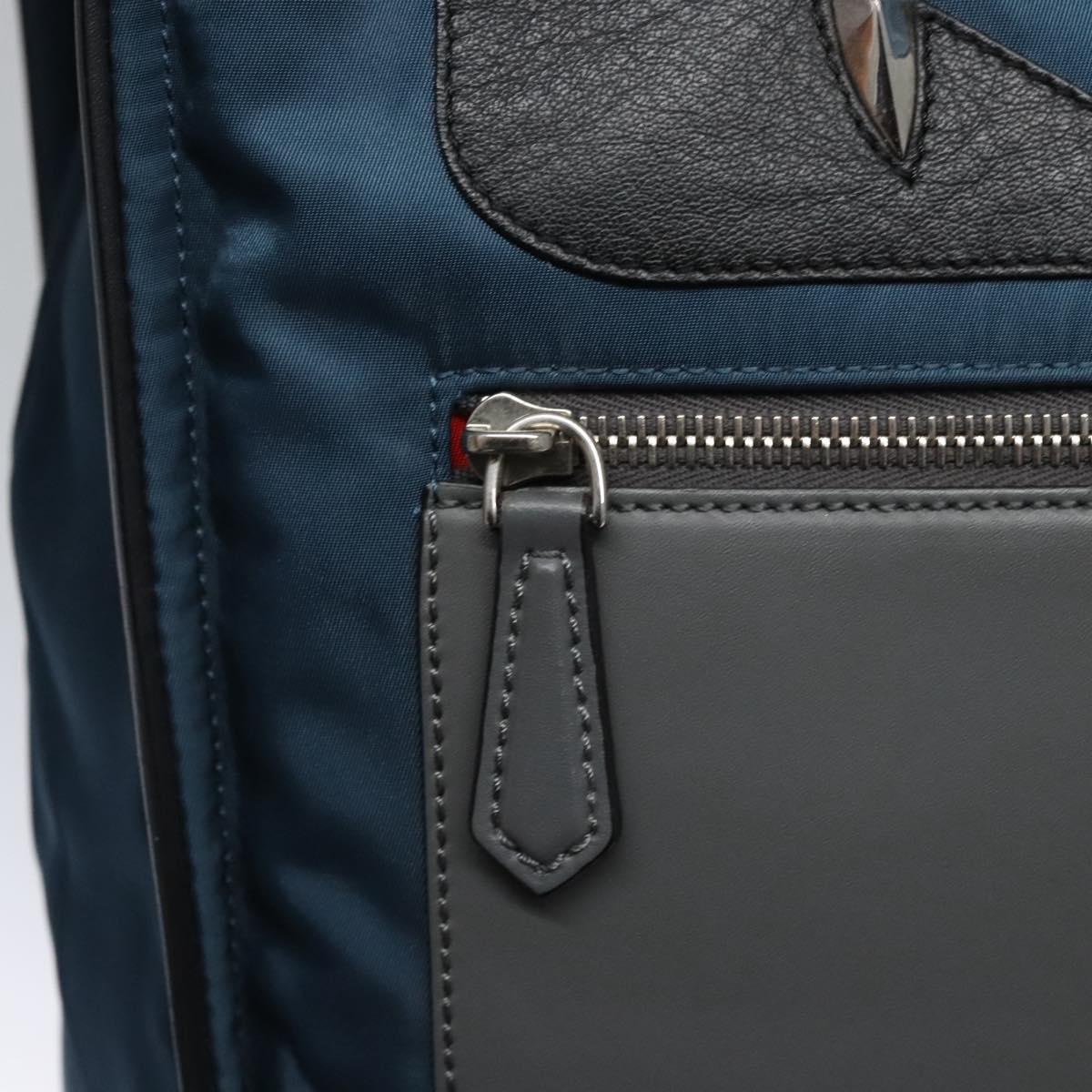 FENDI Tote Bag Nylon Leather Navy Black Silver Auth bs22946