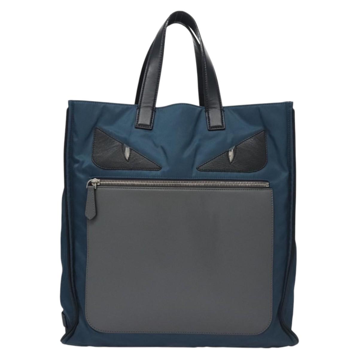 FENDI Tote Bag Nylon Leather Navy Black Silver Auth bs22946