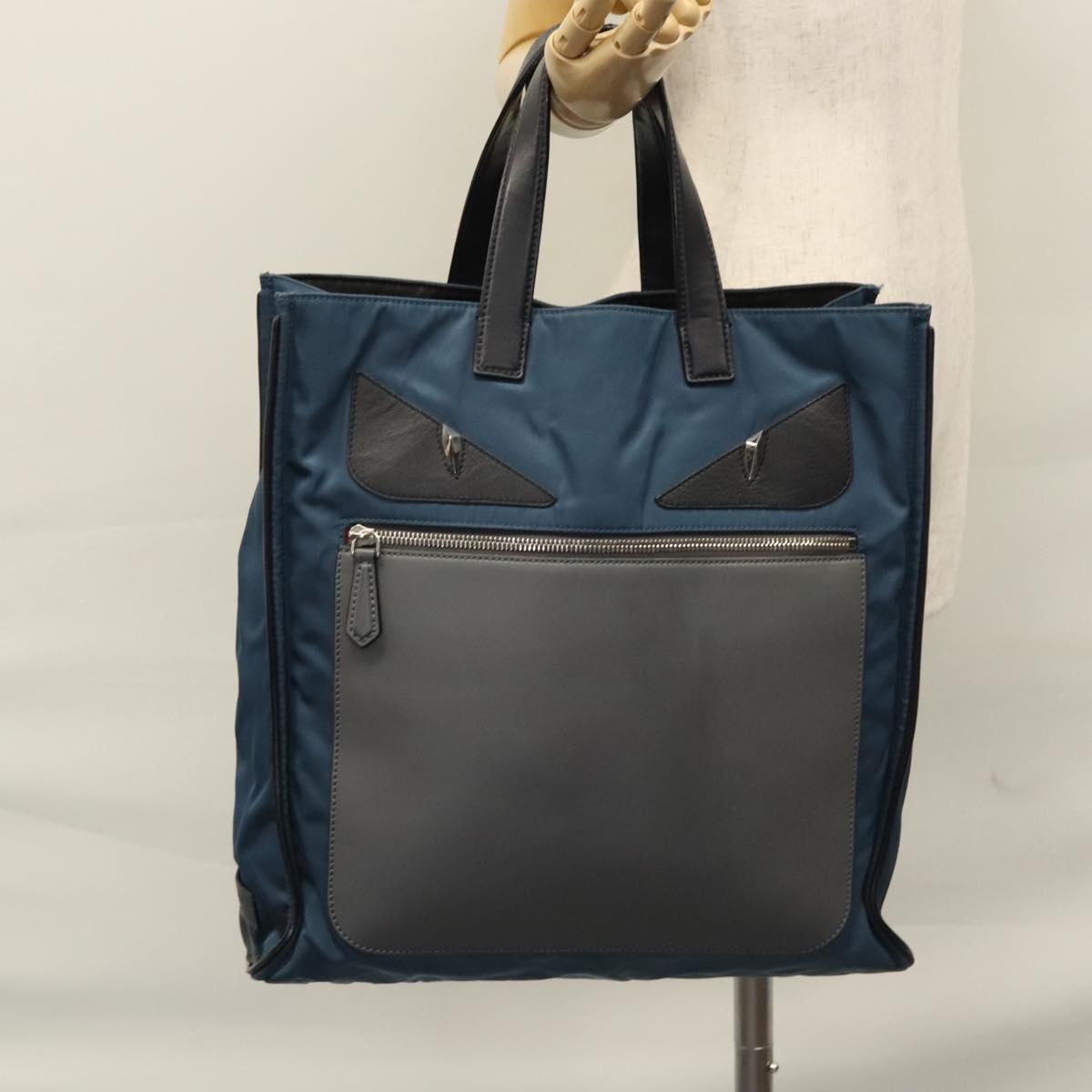 FENDI Tote Bag Nylon Leather Navy Black Silver Auth bs22946