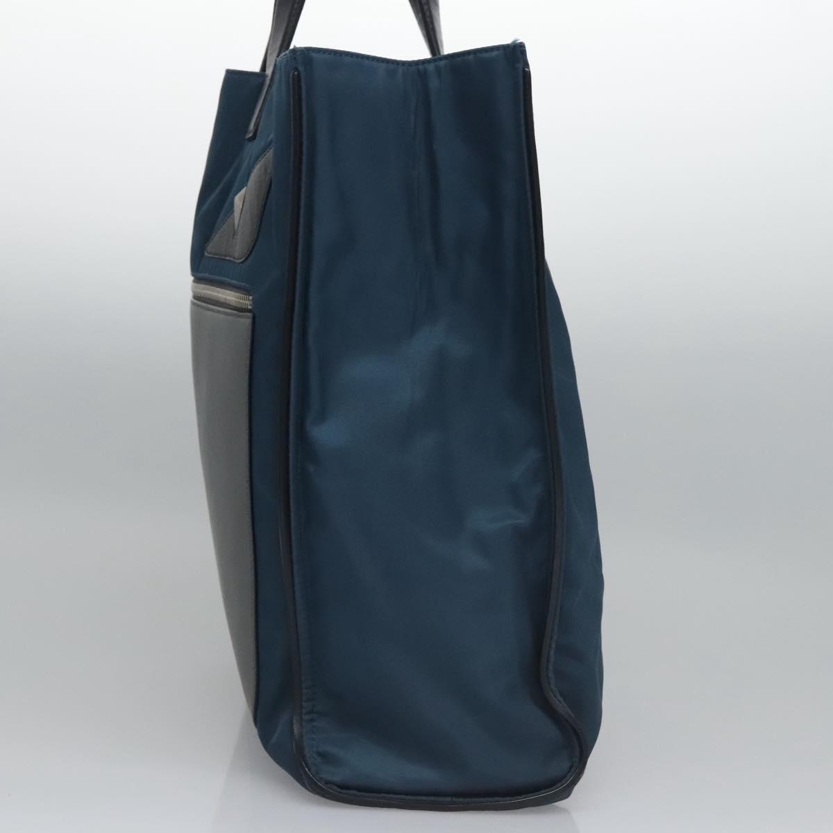 FENDI Tote Bag Nylon Leather Navy Black Silver Auth bs22946