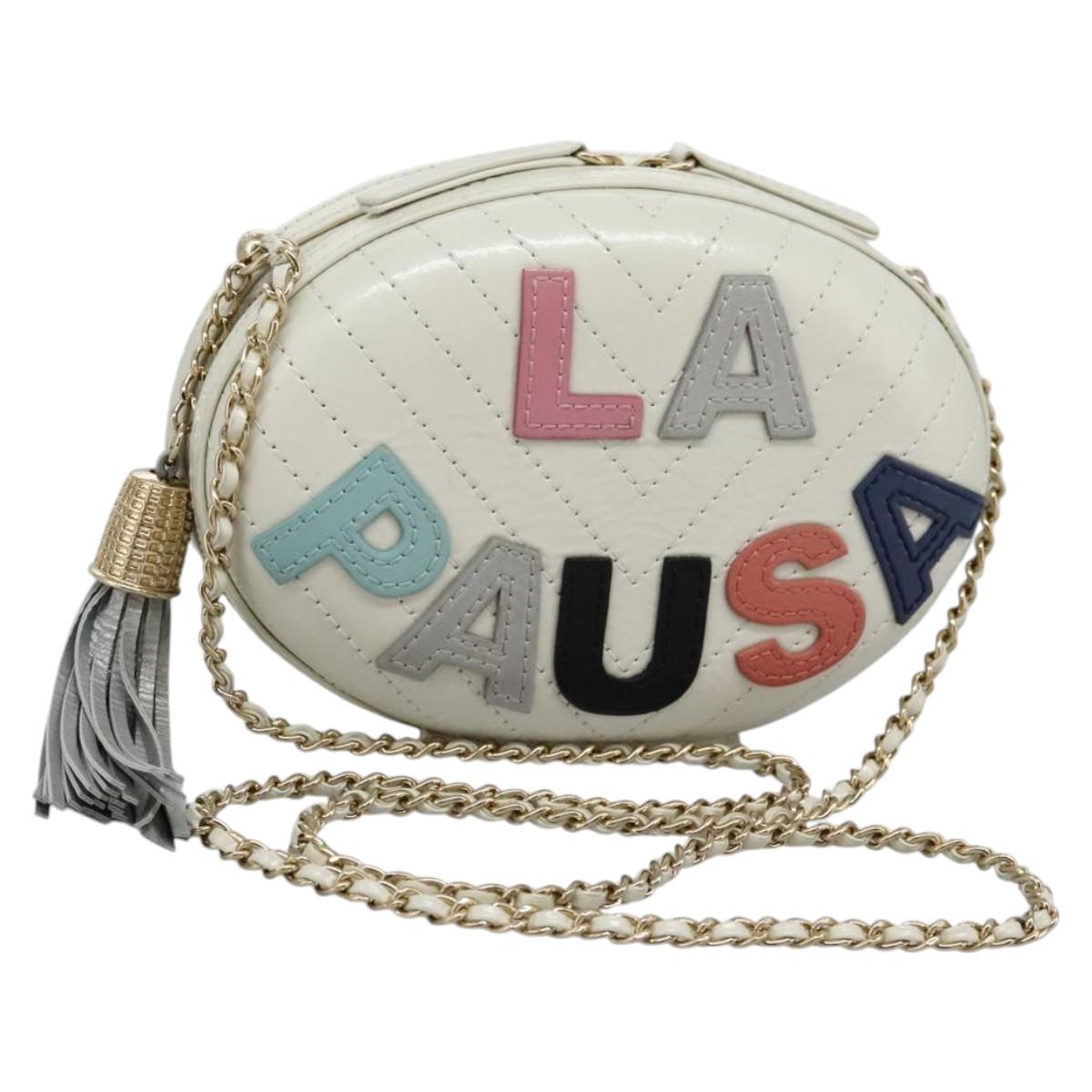 CHANEL V Stitch LA PAUSA Chain Shoulder Bag Leather White CC Auth bs23014SAV