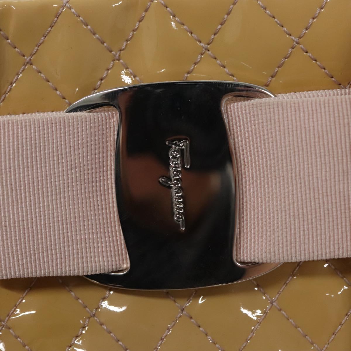 Salvatore Ferragamo Vala Hand Bag Patent Leather Beige Silver Auth bs23034