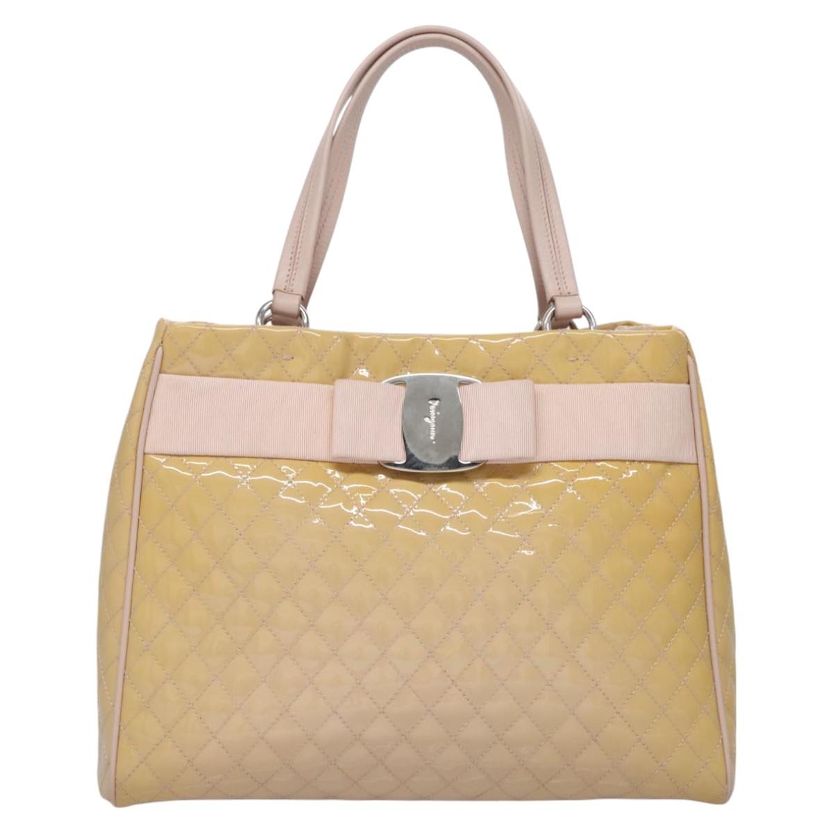 Salvatore Ferragamo Vala Hand Bag Patent Leather Beige Silver Auth bs23034