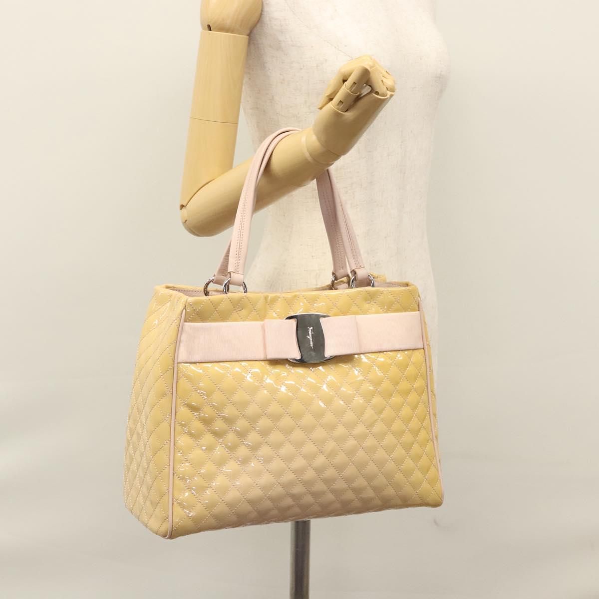 Salvatore Ferragamo Vala Hand Bag Patent Leather Beige Silver Auth bs23034