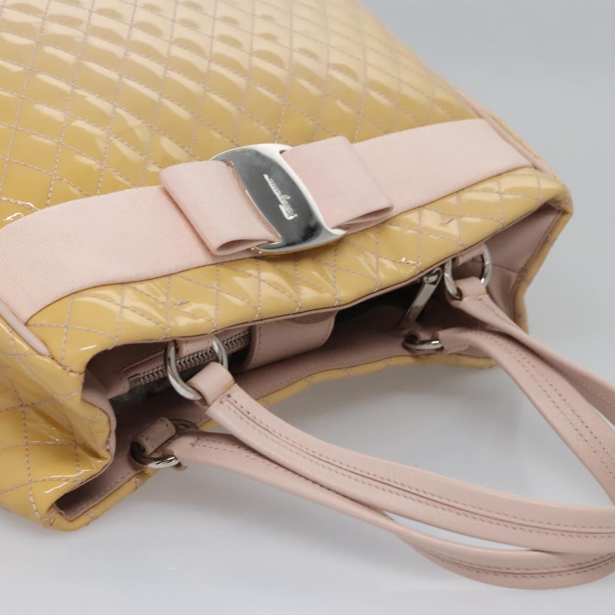 Salvatore Ferragamo Vala Hand Bag Patent Leather Beige Silver Auth bs23034