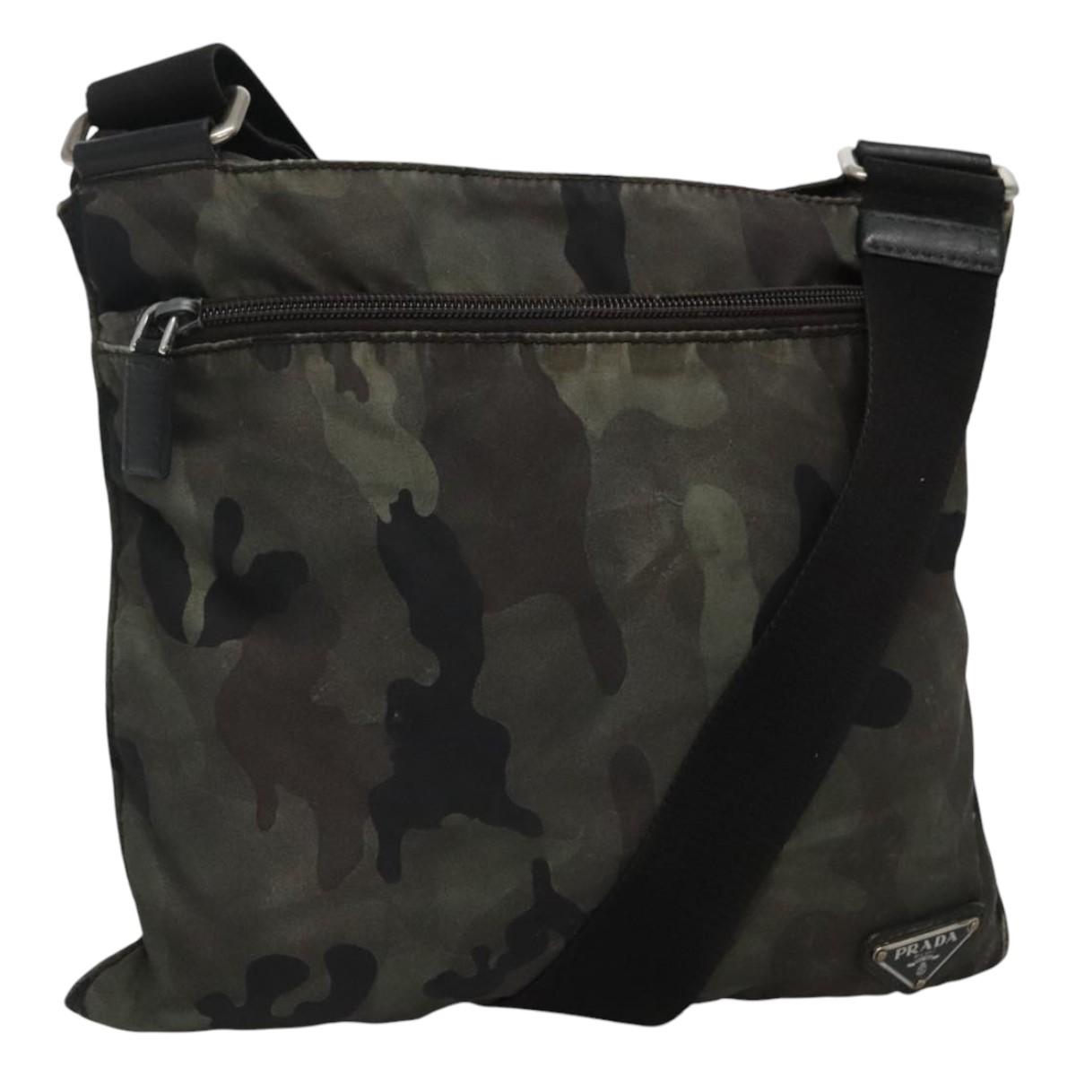 PRADA Shoulder Bag Nylon Khaki Black Auth bs23050