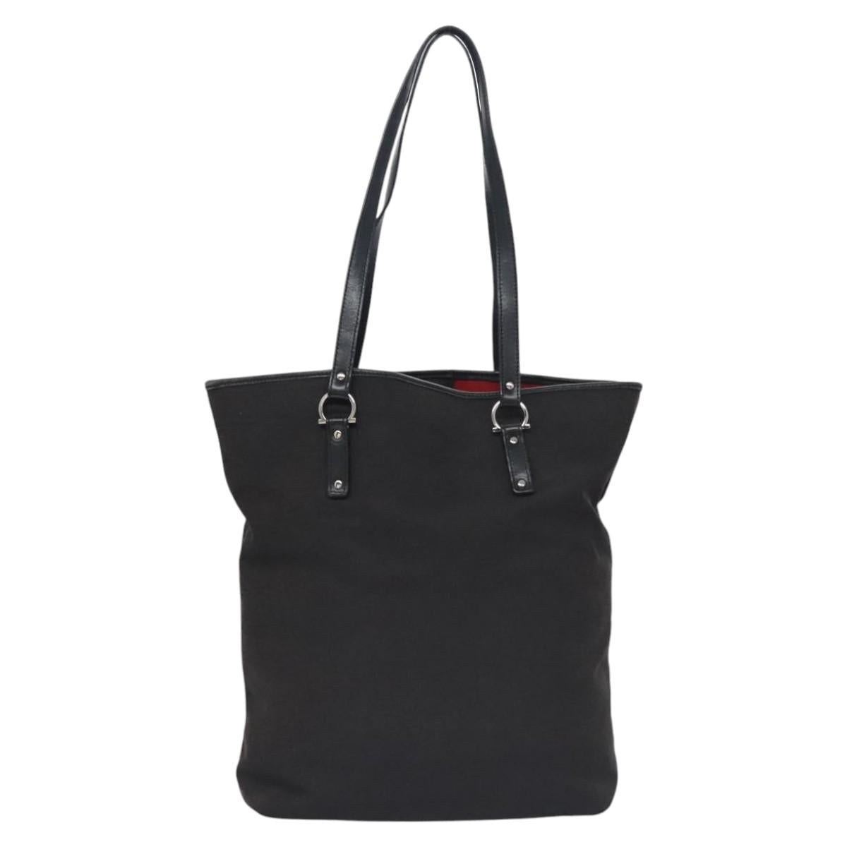Salvatore Ferragamo Gancini Tote Bag Canvas Black Silver Auth bs23065