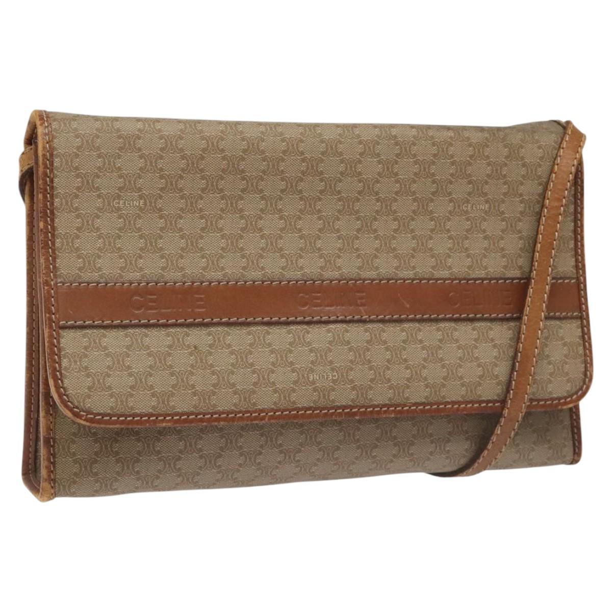 CELINE Macadam Canvas Shoulder Bag PVC Beige Brown gold Auth bs23079